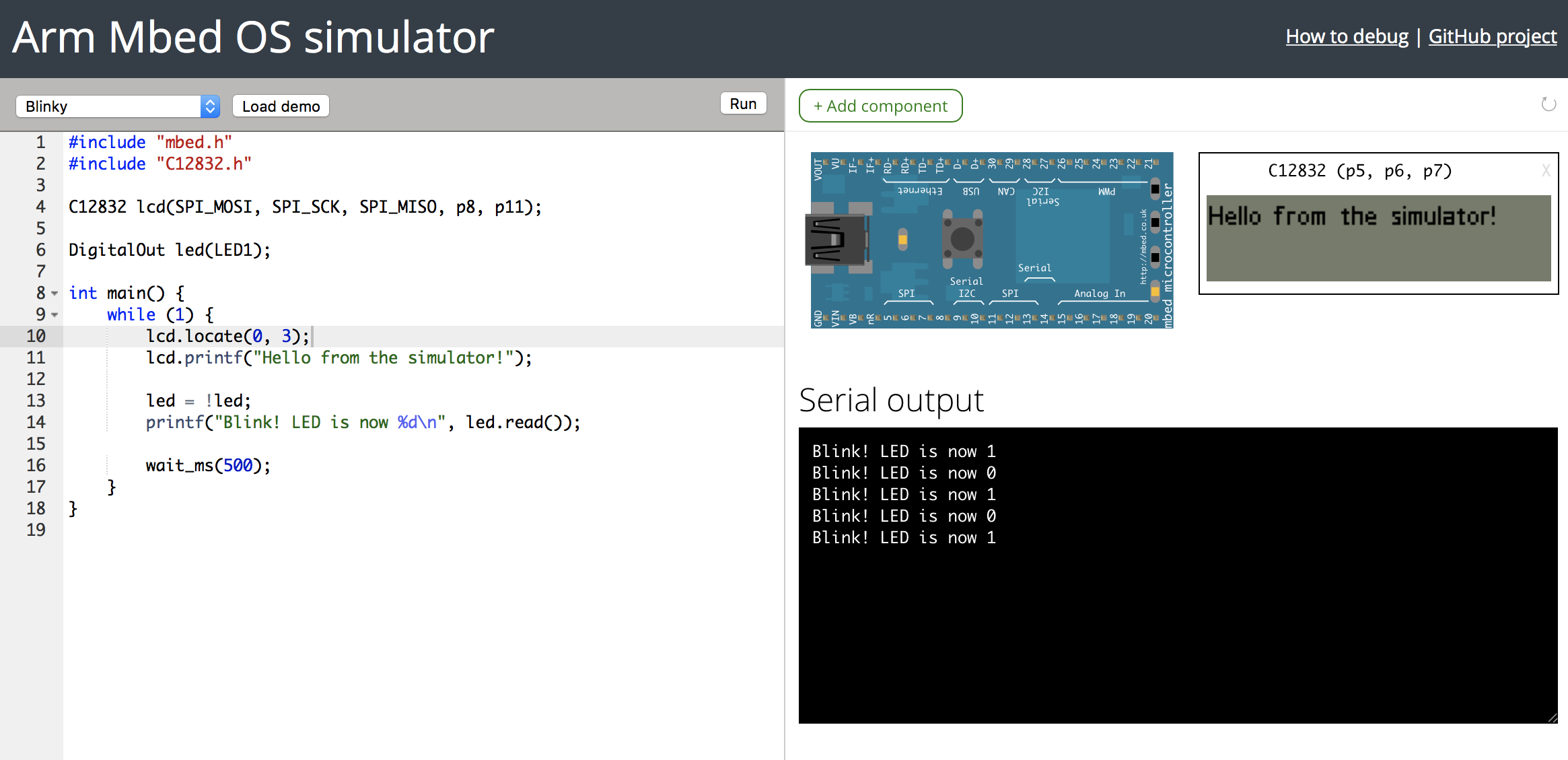 The Mbed Simulator online environment running Blinky and showing the C12832 LCD display