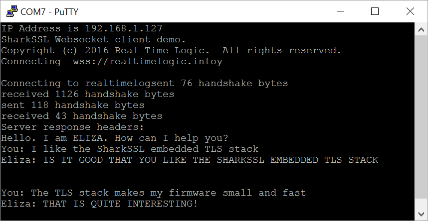 SharkSSL-Lite running on an mbed board, talking to a WSS server